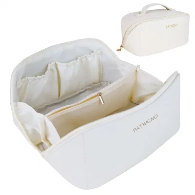 Trousse de maquillage de voyage de grande capacité, trousse de maquillage portable s'ouvrant à plat pour sac de maquillage de rangement multifonctionnel en cuir PU imperméable pour femme